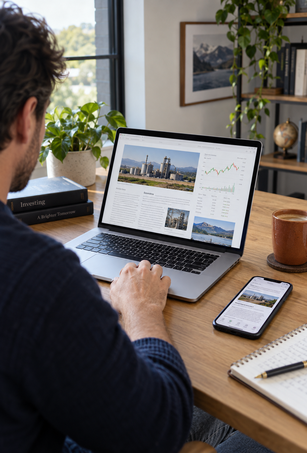 An investor reviewing a company's stock report and price chart on a laptop